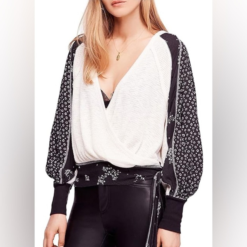 Free People Cream and Black Wrap Front Blouse with Floral Balloon Sleeves
